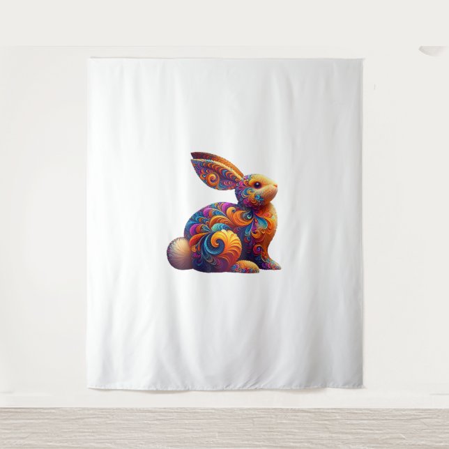 Funny Colorful Bunny Rabbit Fraktal Cosmic Swirl A Wandteppich (Vorderseite)