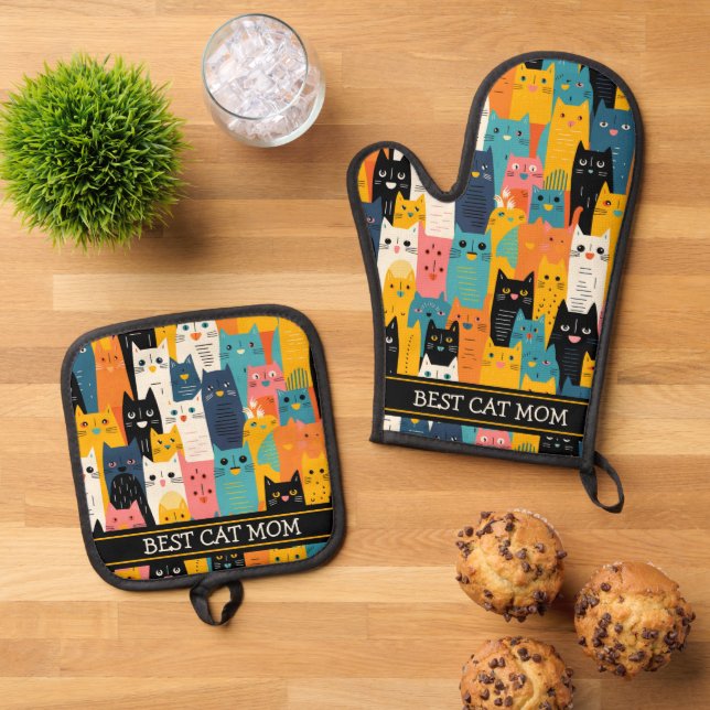 Funny Colorful Faces Beste Cat Mama Ofenhandschuh & Topflappen-Set (Oben Unten)