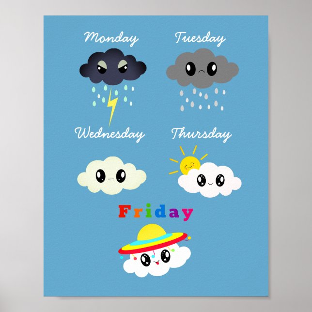 Funny Colorful Kawaii Cartoon Cloud TGIF Kid's Poster (Vorne)