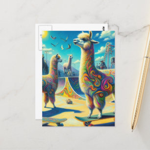 Funny Colorful Skateboarding Alpaca Postkarte