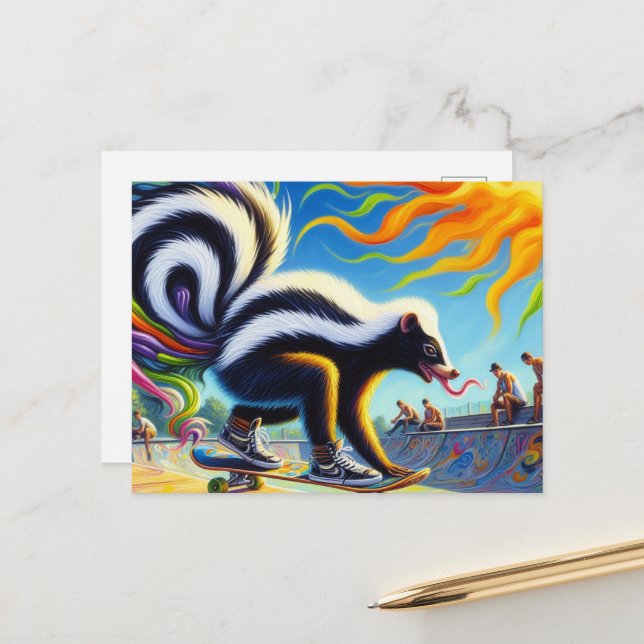 Funny Colorful Skunk Skateboarding Long Tongue Postkarte (Vorderseite/Rückseite Beispiel)