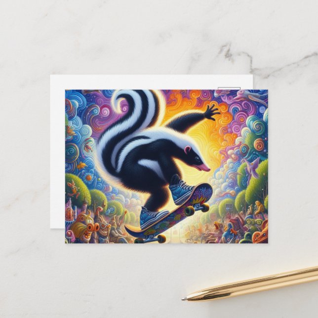Funny Colorful Skunk Skateboarding Postkarte (Vorderseite/Rückseite Beispiel)