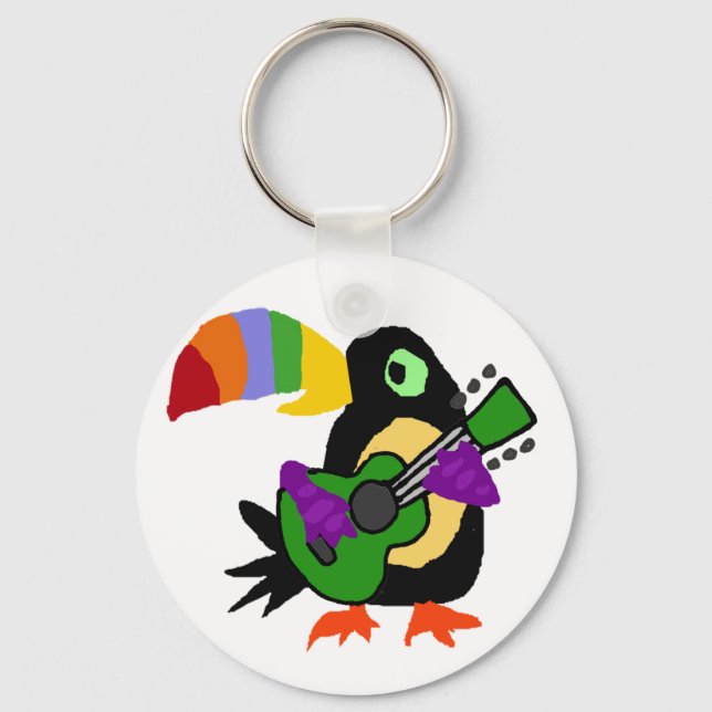 Funny Colorful Toucan Bird Playing Gitarre Schlüsselanhänger (Vorderseite)