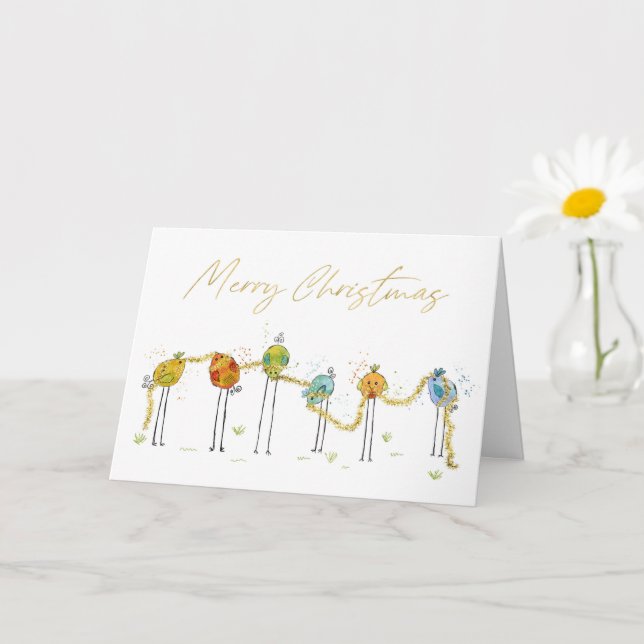 Funny Colorful Watercolor Birds Weihnachtskarte Karte (Kleine Pflanze)