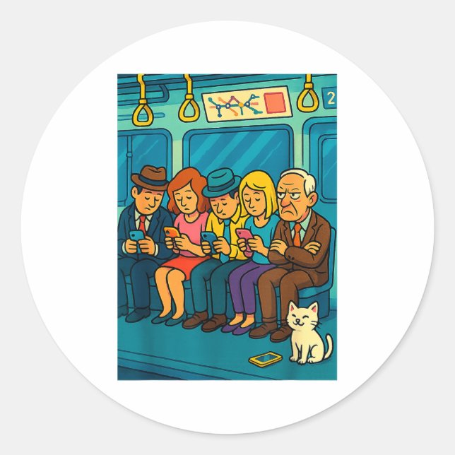 Funny Commuter Train Digital Detox Tech Satire Gif Runder Aufkleber (Vorderseite)