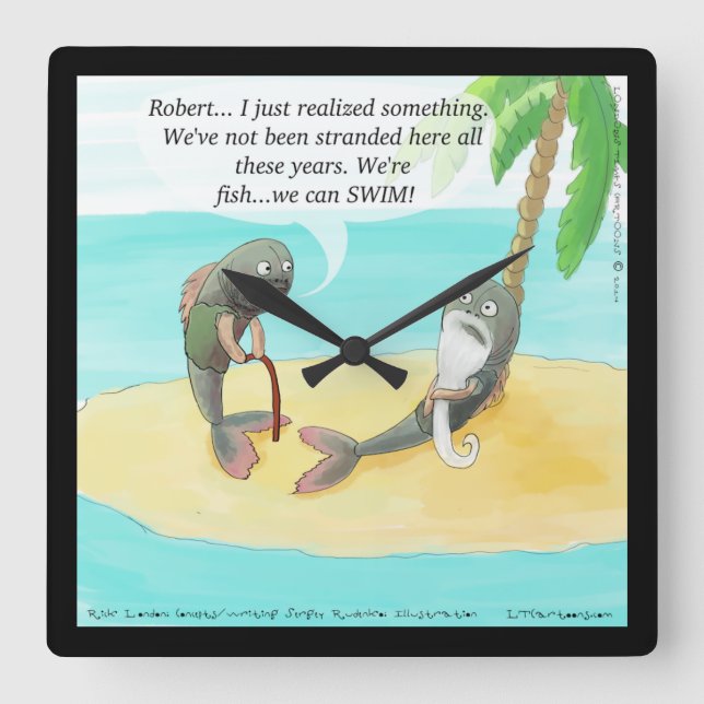 Funny Confused Fish Cartoon Square Wall Clock Quadratische Wanduhr (Vorderseite)