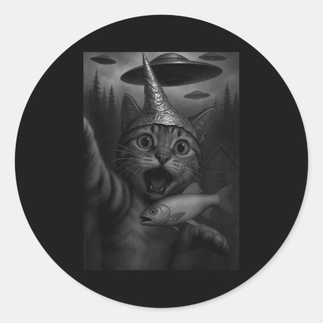 Funny Consracy Cat In Tin Foil Hat Panics At Alien Runder Aufkleber (Vorderseite)