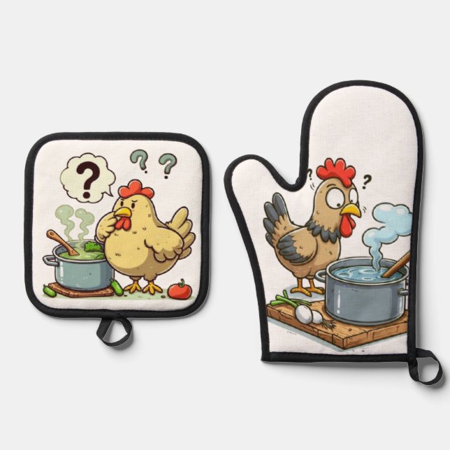 Funny Cooking Chicken Schürze - Hen Making Soul Ofenhandschuh & Topflappen-Set (Vorderseite)