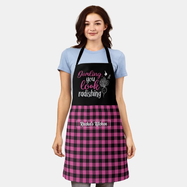 Funny Cooking Radish Pub Black Pink Kariert Schürze (Getragen)