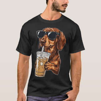 Funny Cool Dachshund Drinking Iced Coffee Wiener D T-Shirt
