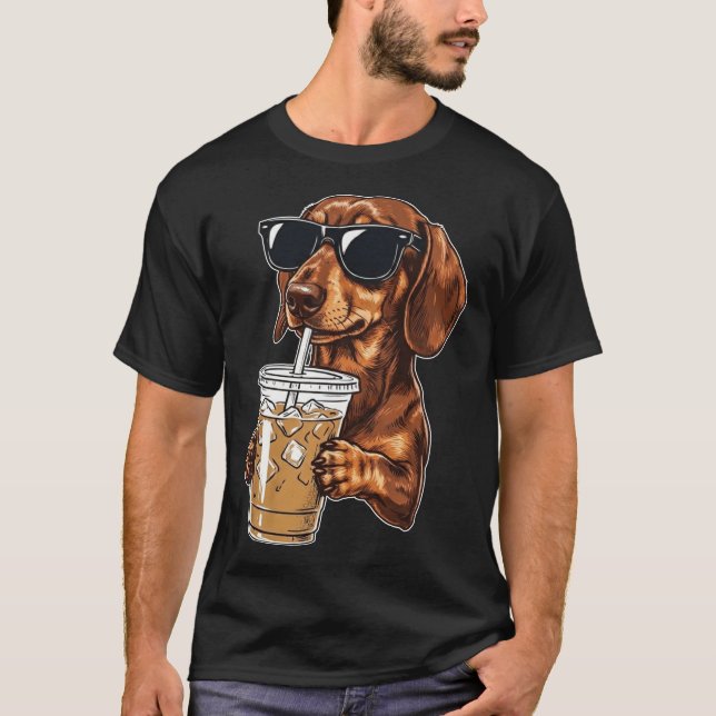 Funny Cool Dachshund Drinking Iced Coffee Wiener D T-Shirt (Vorderseite)