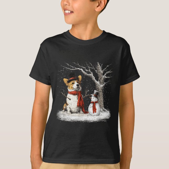 Funny Corgi Dog In The Snow Tree Christmas Winter  T-Shirt (Vorderseite)