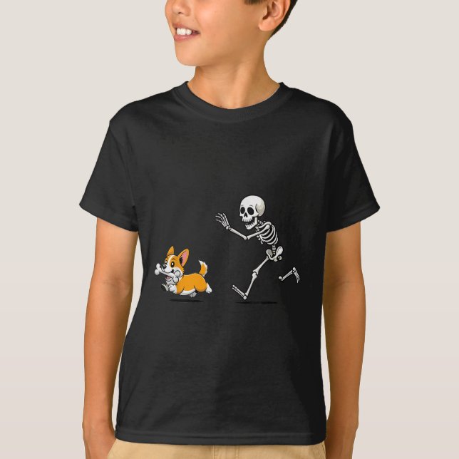 Funny Corgi Dog Steals Skeleton Bone Halloween  T-Shirt (Vorderseite)