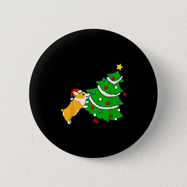 Funny Corgi Pushing Christmas Tree Xmas Dog Mom  Button (Vorderseite)