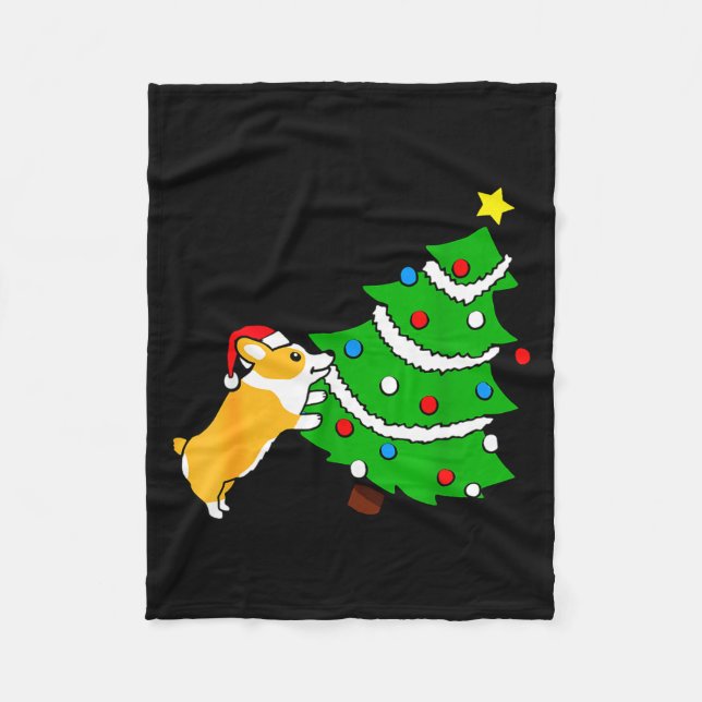 Funny Corgi Pushing Christmas Tree Xmas Dog Mom  Fleecedecke (Vorderseite)