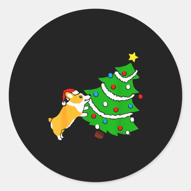Funny Corgi Pushing Christmas Tree Xmas Dog Mom  Runder Aufkleber (Vorderseite)