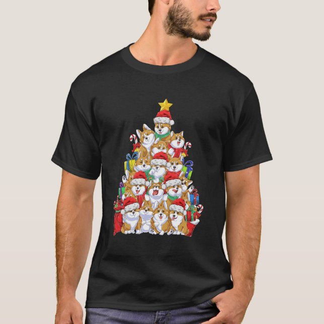 Funny Corgi Tree Lights Weihnachtsmannmütze Dog Lo T-Shirt (Vorderseite)