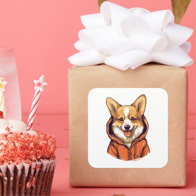 Funny Corgi Wearing Hoodie Quadratischer Aufkleber (Party)