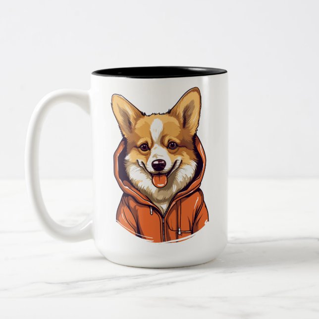 Funny Corgi Wearing Hoodie Zweifarbige Tasse (Links)
