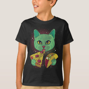 Funny Cosmic Space Green Alien Cat Eating Pizza T-Shirt