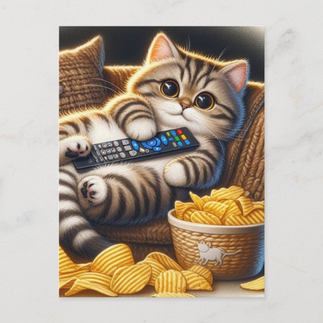 Funny Couch Potato Cat Remote und Chips Postkarte (Vorderseite)