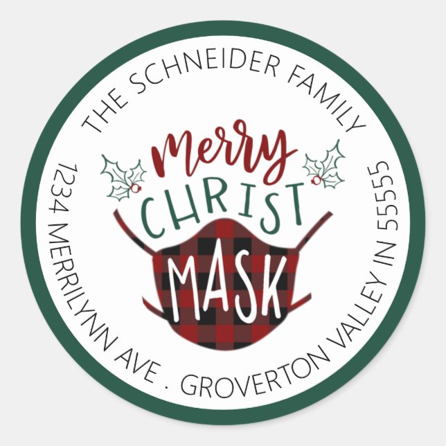 Funny COVID-19 MERRY ChristMASK Rücksendeadresse Runder Aufkleber (Vorderseite)