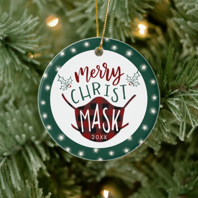 Funny COVID MERRY ChristMASK Buffalo Kariertes Fot Keramik Ornament (Baum)