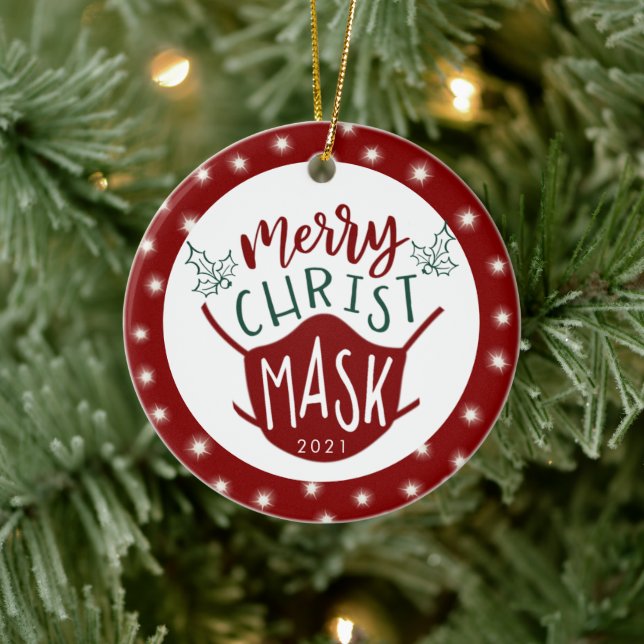 Funny COVID MERRY ChristMASK Foto Red Keramik Ornament (Baum)