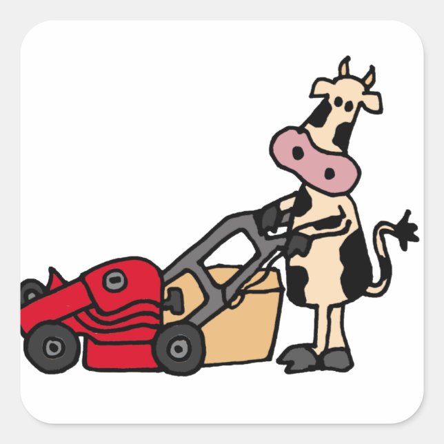 Funny Cow Pushing Red Rasenmäher Cartoon Quadratischer Aufkleber (Vorderseite)
