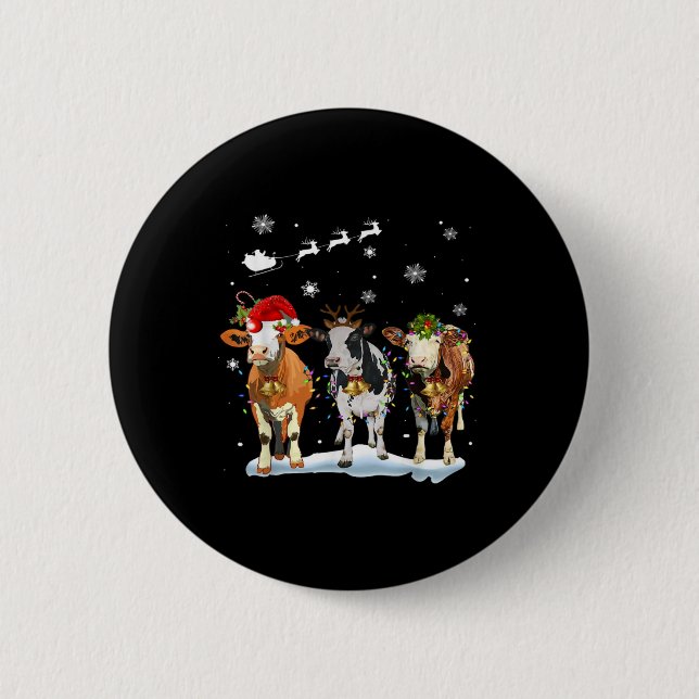 Funny Cow Santa Merry Christmas Xmas Lights Pajama Button (Vorderseite)