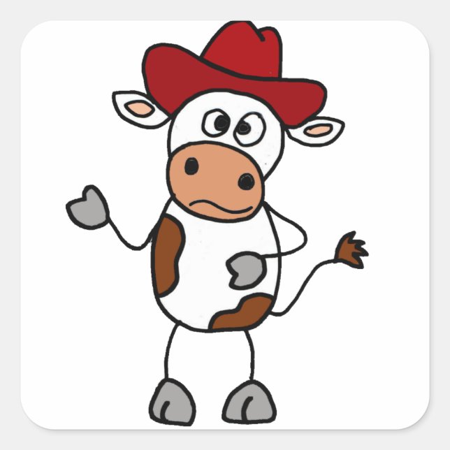 Funny Cow trägt Red Cowboy Hat Quadratischer Aufkleber (Vorderseite)