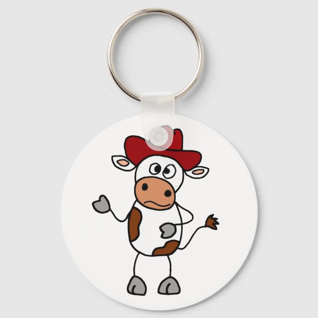 Funny Cow trägt Red Cowboy Hat Schlüsselanhänger (Vorderseite)