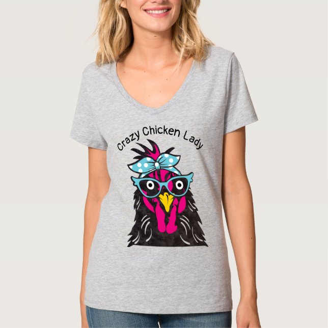 Funny Crazy Chicken Lady mit Brillen Bandana T-Shirt (Vorderseite)