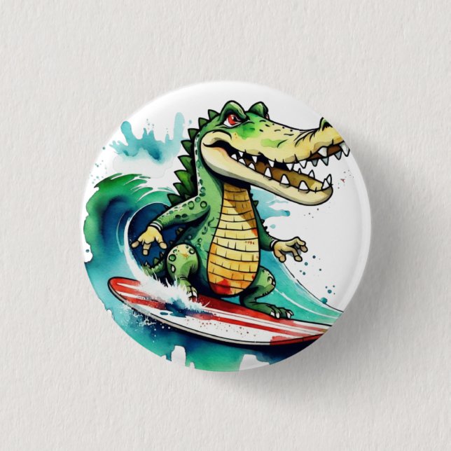 Funny Crocodile surfing Button (Vorderseite)