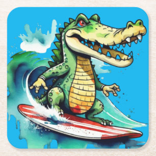 Funny Crocodile surfing Rechteckiger Pappuntersetzer