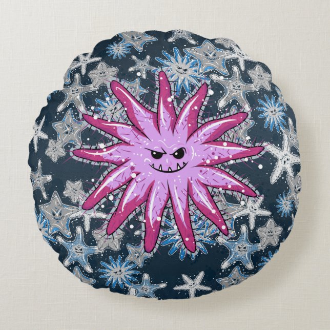 Funny Crown of Thorns Starfish mit einem Spiegel Rundes Kissen (Vorderseite)