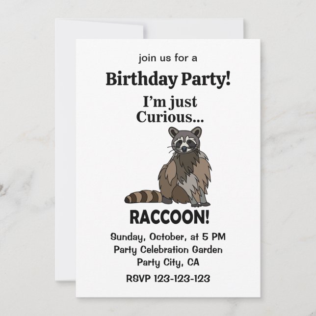 Funny Curious Raccoon Birthday Party Einladung (Vorderseite)