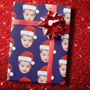 Funny Custom Baby Face Foto Santa Head Xmas Blue Geschenkpapier