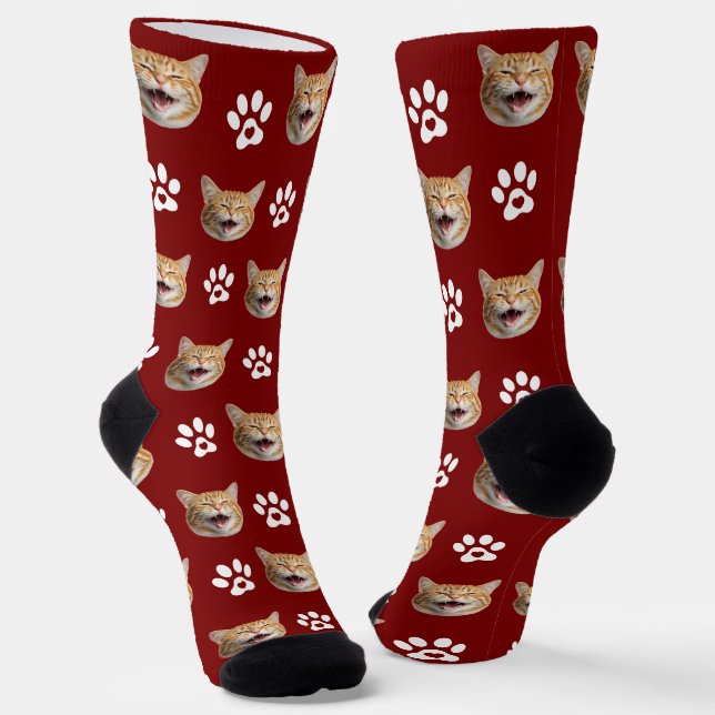 Funny Custom Cat Foto mit Paw Pattern Red Socken (Gewinkelt)