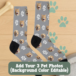 Funny Custom Dog & Cat 3 Fotos mit Paw Prints Socken