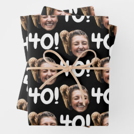 Funny Custom Face Foto Birthday Age Black Geschenkpapier Set