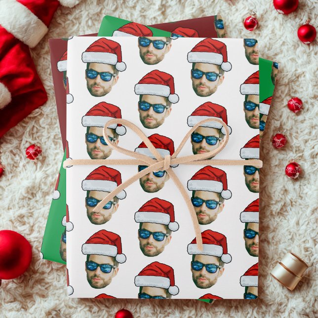 Funny Custom Face Foto Santa Claus Hat Weihnachten Geschenkpapier Set (Von Creator hochgeladen)