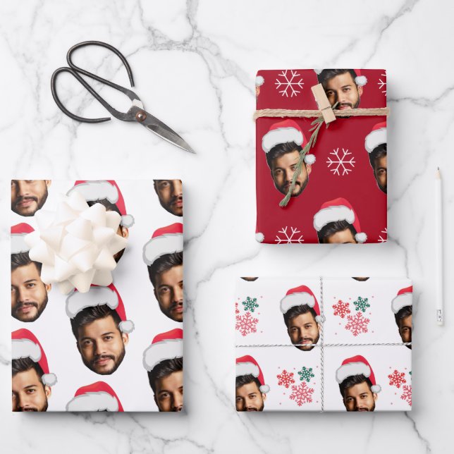 Funny Custom Face Foto Santa Head & Snowflakes Geschenkpapier Set (Vorderseite)