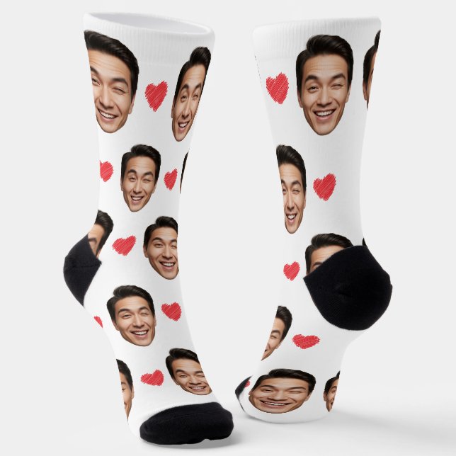 Funny Custom Face mit Red Hearts on White Socken (Gewinkelt)