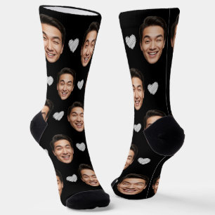 Funny Custom Face mit White Hearts on Black Socken