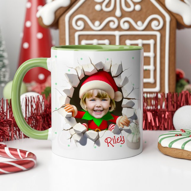 Funny Custom Kids Face Photo Christmas Elf Name Tasse (Funny Custom Kids Face Photo cute Elf Personalized Name Christmas Hot Chocolate Holiday Mug Gift)