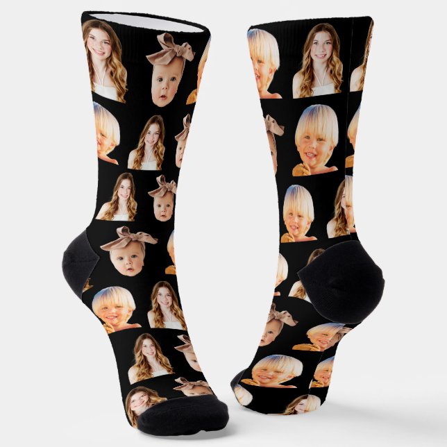 Funny Custom Mama 3 Kids Foto Schwarz Socken (Gewinkelt)