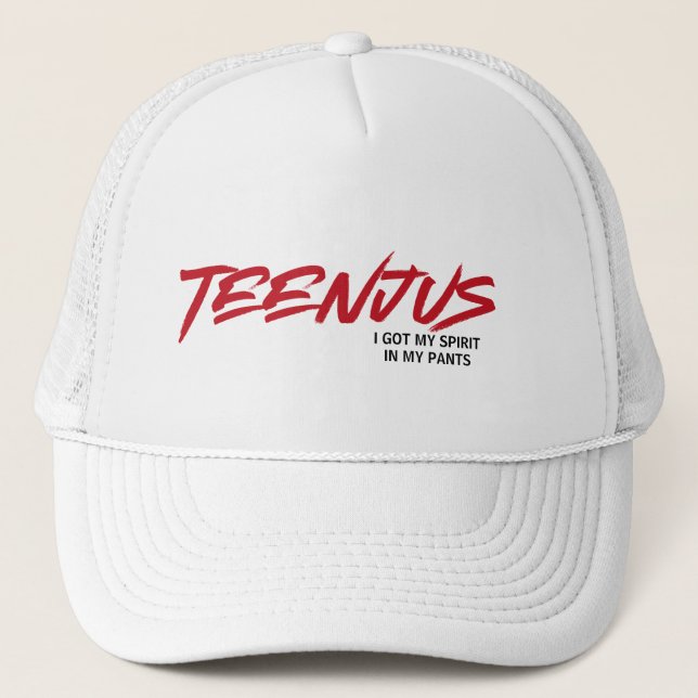 Funny Custom Text Baby Billy's Zitat Teenjus Red Truckerkappe (Vorderseite)