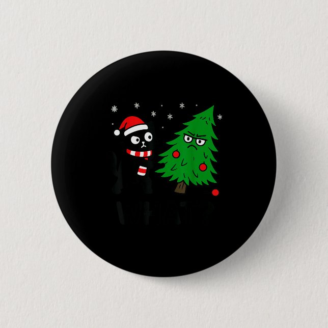 Funny Cute Black Cat What Jamas Christmas Tree Cos Button (Vorderseite)