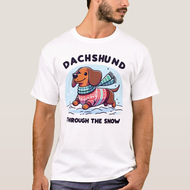 Funny Cute Dachshund Christmas Through the Snow  T-Shirt (Vorderseite)